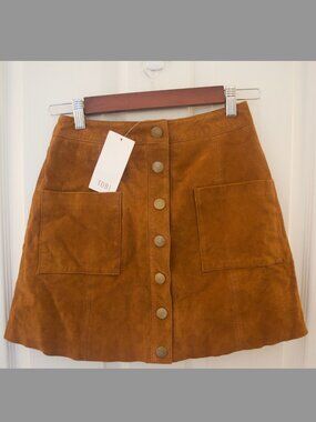 NWT Tobi Faux Suede Button Front Mini Skirt Brown Size Small A-Line